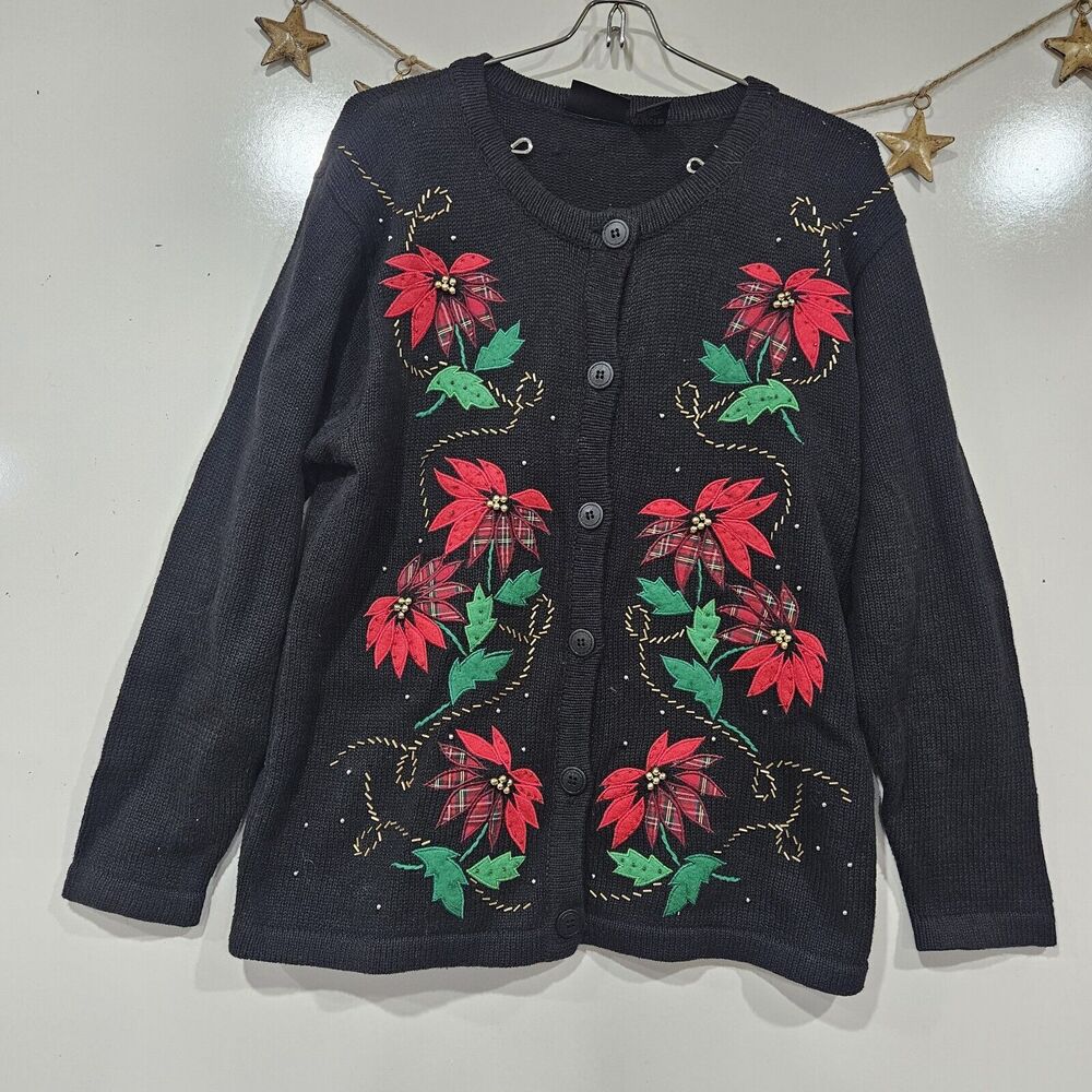 Vintage 3D Poinsettia Christmas Button Up Sweater Cardigan Size Small Beaded